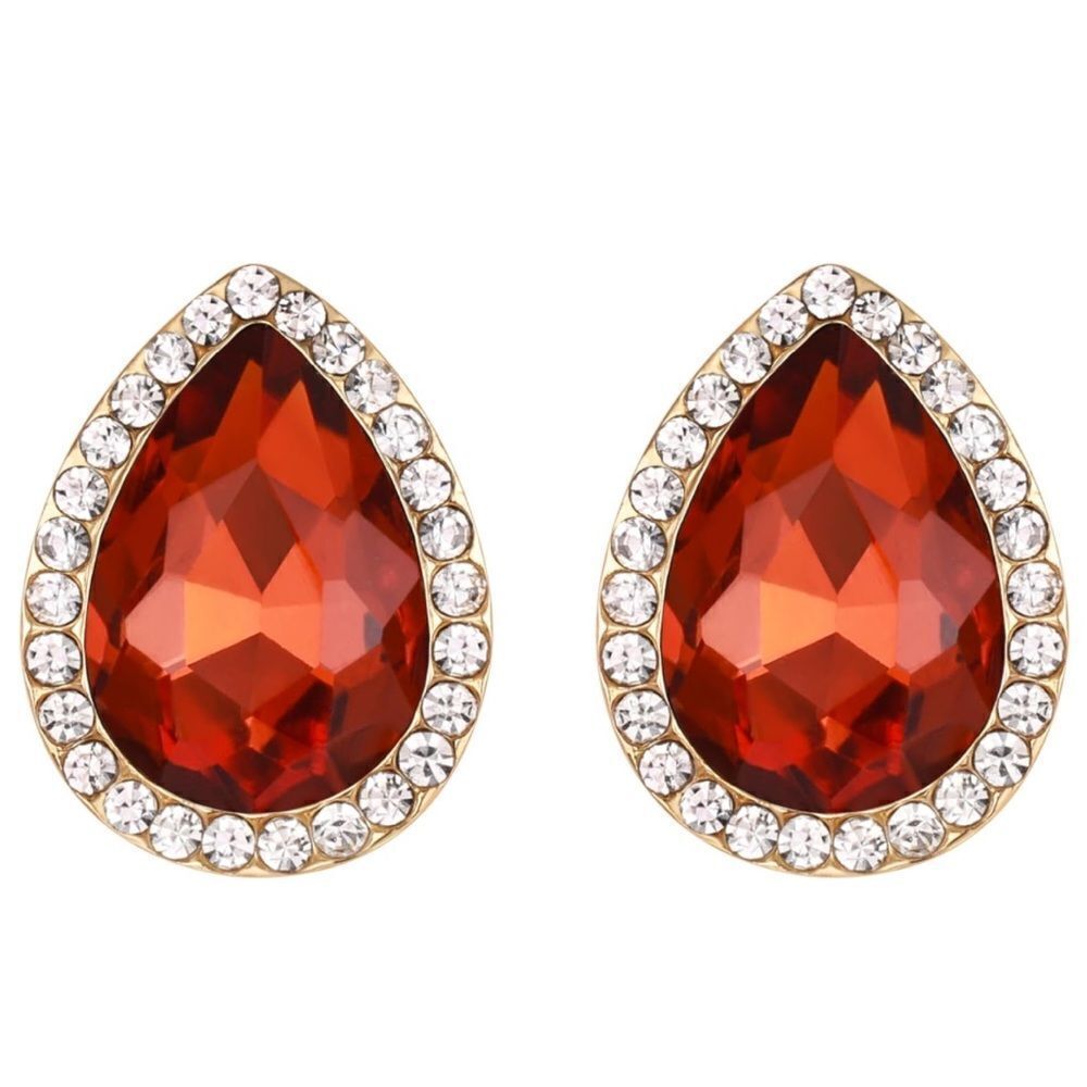 Yellow Gold with Orange Topaz Austrian Crystal Teardrop Stud Post Back Earrings
